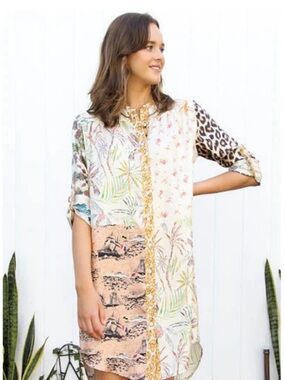 Mixed Print Patchwork Tunic Dress in Cream and Tan